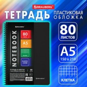 Тетрадь А5 80 л. BRAUBERG "Metropolis", спираль пластиковая, клетка, обложка пластик, ЧЕРНЫЙ, 404745