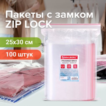 Пакеты с замком ZIP LOCK "зиплок", комплект 100 шт., 250х300 мм, ПВД, толщина 40 микрон, BRAUBERG, 606217