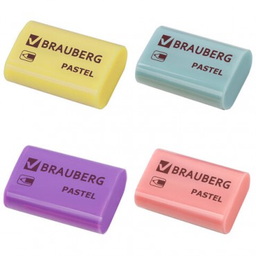 Ластик BRAUBERG "Pastel", 37х24х11мм, ассорти пастельных цветов, экологичный ПВХ, 229582